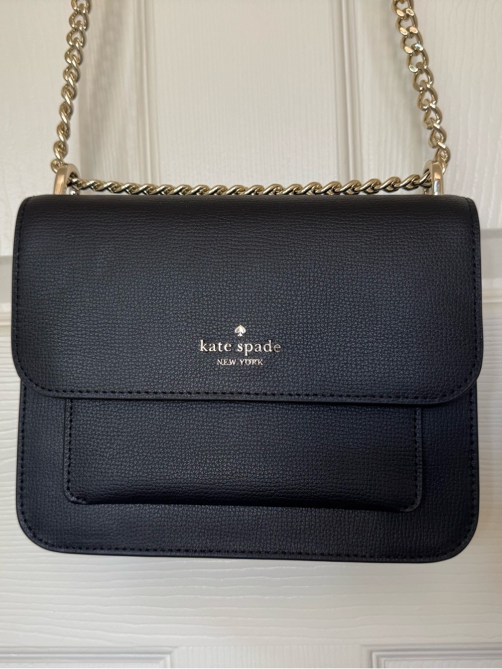kate spade black leather crossbody with gold chain
